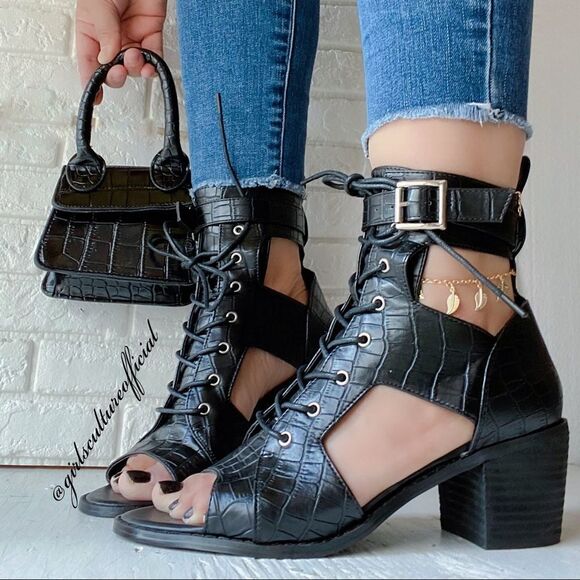 Black Croco Open Toe Bootie - Picture 1 of 6